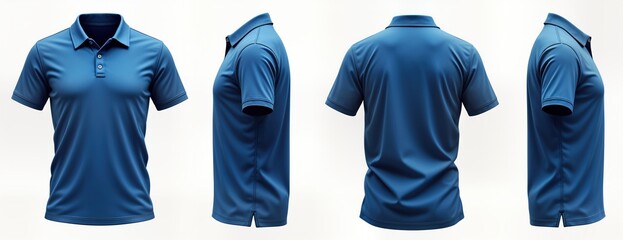 Blank blue polo t-shirt template shown from four sides. Design for men casual wear. Short sleeves, polo collar. Versatile top. Great for custom design. Use for sports, fashion casual attire. Suitable