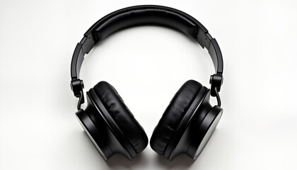 Poster - Black headphones isolated on white background. Modern tech device. Perfect for music listening, podcasts, meditation. Empty display. Useful template for tech ads. Stylish, minimalist. Modern headset
