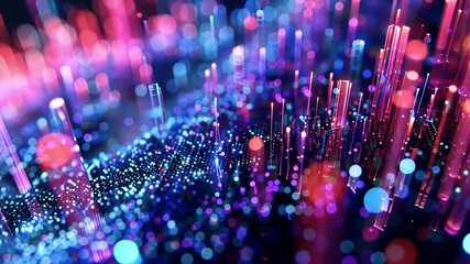 Poster - Fiber optic cables transmit massive amounts of big data, illuminating a futuristic cityscape with vibrant pink and blue hues, symbolizing the fast paced world of digital information and technology