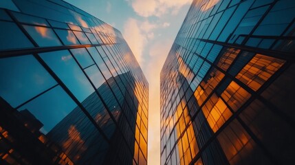 Aufkleber - A dramatic view of modern skyscrapers reflecting the sky at sunset.