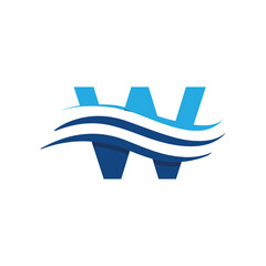 Poster - This is a flat logo design of a letter W crossed by three wavy lines in blue color