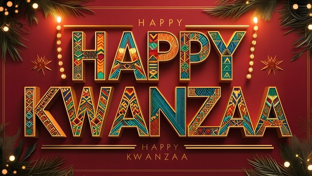 Elegant 'Happy Kwanzaa' Typography with 3D Text and African-Inspired Patterns