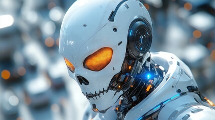 Poster - A futuristic robot with a skull-like face and glowing eyes in a busy urban setting.