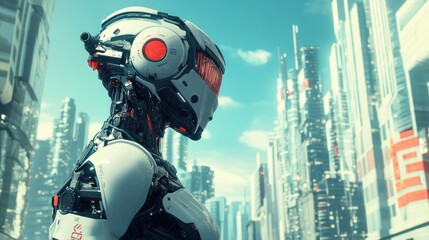 Poster - A futuristic robot stands against a backdrop of a high-tech cityscape.