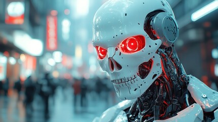 Poster - A futuristic robot with a skull-like face and glowing red eyes in a bustling urban setting.