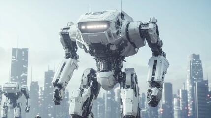 Aufkleber - A futuristic scene featuring large robotic figures in a cityscape.