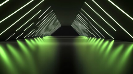 Poster - A futuristic tunnel with illuminated lines reflecting on a smooth floor.
