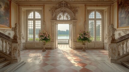 Poster - A grand interior with ornate architecture, sunlight streaming through large windows.