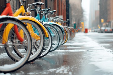 A row of bicycles parked on the sidewalk. Generative AI