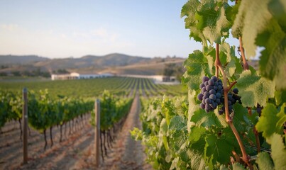 vineyard sunrise, grape cluster close-up, rows of vines, winery in background.