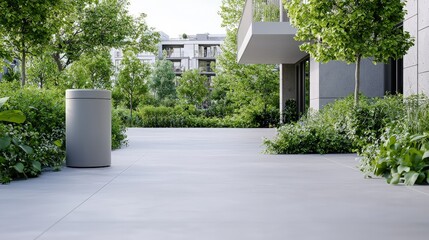 Wall Mural - Modern apartment building courtyard with greenery and a trash can.