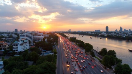 Wall Mural - Sunset over a busy river road with traffic and city skyline.