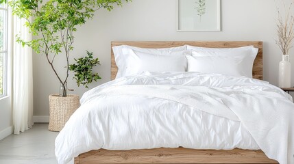 Wall Mural - White bedding on wooden bed in bright bedroom.