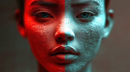 Aufkleber - Striking Features Illuminated by Dual Red and Cyan Layers Create a Surreal Portrait Experience