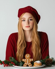 Wall Mural - Female baker in festive red chefâ€™s coat and hat, carefully placing a gingerbread man with holly decorations on a plate