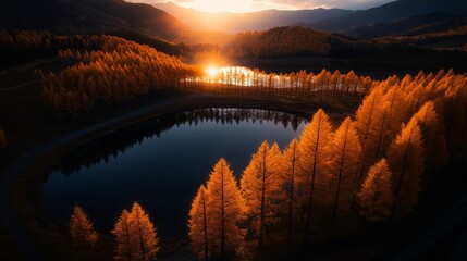 Wall Mural - golden autumn sunset reflecting on serene lake surrounded by vibrant trees in mountain landscape