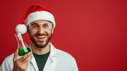 Wall Mural - Male scientist in a white lab coat and Santa hat