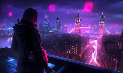 Wall Mural - Futuristic cityscape at night with a figure overlooking the skyline.