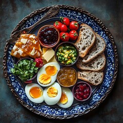 Poster - Overhead view of a delicious breakfast platter with bread, eggs, cheese, and various jams.