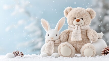 Wall Mural - Cute teddy bear and bunny in winter scene.