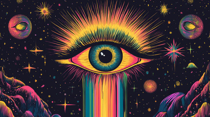 Poster - vibrant cosmic eye with rainbow waterfall and colorful stars over surreal landscape at night