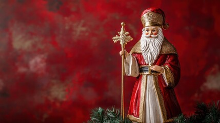 This festive display showcases St Nicholas Day decorations against a rich red backdrop. The figure of Saint Nicholas adorned in intricate attire brings holiday cheer to any setting