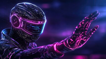Poster - Futuristic robot interaction cyber city digital art neon environment close-up viewpoint technology concept