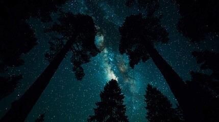Majestic Milky Way galaxy shining over dark silhouetted trees at night.
