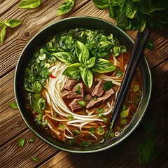 Wall Mural - Overhead view of a bowl of beef noodle soup with fresh basil and chopsticks.