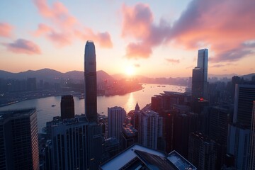 Wall Mural - A stunning sunset over a bustling city skyline by the water.