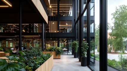 Poster - Modern indoor workspace with greenery and large glass windows in a contemporary office building