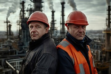 Two engineers standing back to back at refinery plant