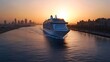 © regulator - A cruise ship sailing during sunset near a city skyline.