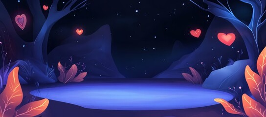 Wall Mural - Magical night scene with glowing hearts in a mystical forest, featuring a tranquil pond.