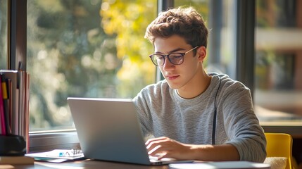 Poster - Teenager studying on a laptop AI generated illustration