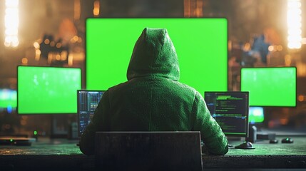 Poster - Hacker in green hoodie sits at desk with multiple screens showing green screen and code.