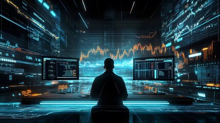 Poster - Trader focused on dual monitors AI generated illustration