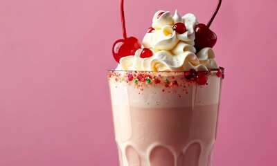 Wall Mural - Milkshake with whipped cream, cherries, red sprinkles in clear glass against pink background