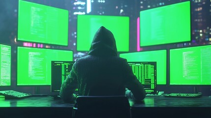 Poster - Hooded hacker at night working on multiple monitors displaying green code.