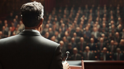 A politician giving a speech in front of a large crowd, capturing passion and engagement with the public