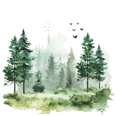 Wall Mural - a watercolor illustration of soft spring mist in the forest, isolated on a white background. soft sp
