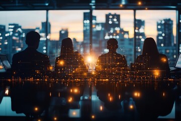 Poster - Evening meeting with silhouettes in a modern office overlooking cityscape at sunset