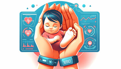 Sticker - Flat Mother hand holding baby foot with futuristic biometric scanner interface macro with copy space concept as A macro close up of a mother holding her baby foot while a biometric scanner provides re