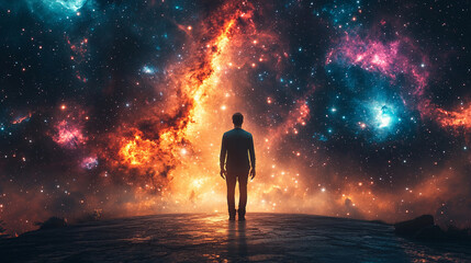 grateful man prays to god at dawn, facing the galaxy sky with a radiant backlight, symbolizing hope,