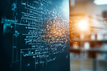 Poster - Innovative technology concept with mathematical equations and glowing connections in a modern workspace