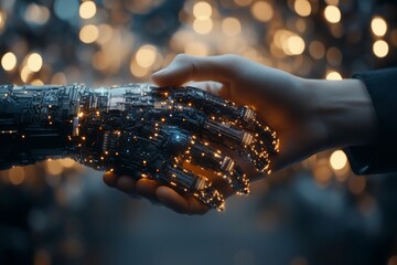 Poster - Connection between human and robotic hand symbolizes future of technology and collaboration