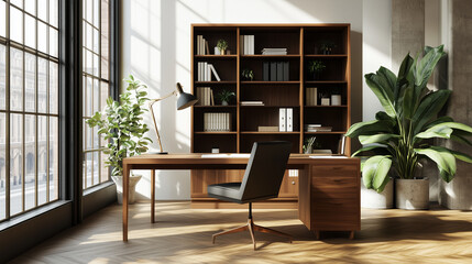 Poster - modern home office setup with wooden desk, ample natural light, and stylish plants in a spacious roo
