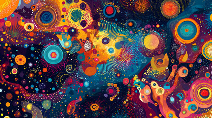 Poster - colorful abstract cosmic design featuring vibrant circles and swirling patterns in dark background