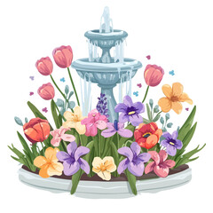 Wall Mural - A watercolor of spring flowers blooming around a fountain, isolated on a white background. Spring flowers blooming around a fountain vector.

