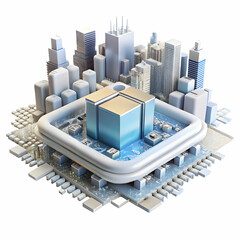 Wall Mural - Microchip Reflecting Cityscape Symbolizing Urban Technology Integration